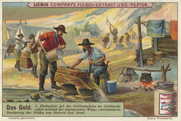 Picture series The gold, gold panning by means of the cradle, mechanical probing of the gold from stones and sand, Liebig picture, digitally restored reproduction of a collective picture from ca 1900, public domain, exact date unknown, men washing gold in the river next to a camp at dawn