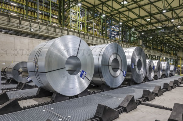Dortmund, North Rhine-Westphalia, Germany, ThyssenKrupp Steel, FBA 10 hot-dip galvanising line 10, on the site of the Westfalenhütte, steel sheets are hot-dip galvanised here, the finished steel coils are ready for rail transport directly to the end customer in the automotive industry. The new thyssenkrupp plant has the gas consumption of a medium-sized city. The material that is processed in Dortmund is transported by rail from the blast furnace site in Duisburg, Europe