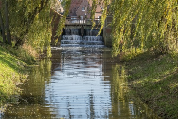 Idyllic river with the weir of a watermill, lined with autumn willow trees, Nienborg, Münsterland, North Rhine-Westphalia, Germany, Europe
