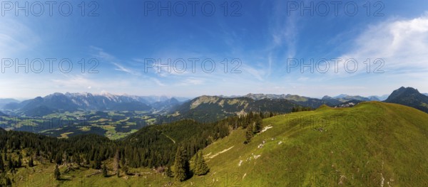 Drone shot, At the summit of the Taborberg with a view of the Lammertal and Tennengebirge mountains, Osterhorn group, Salzkammergut, Salzburg province, Austria, Europe