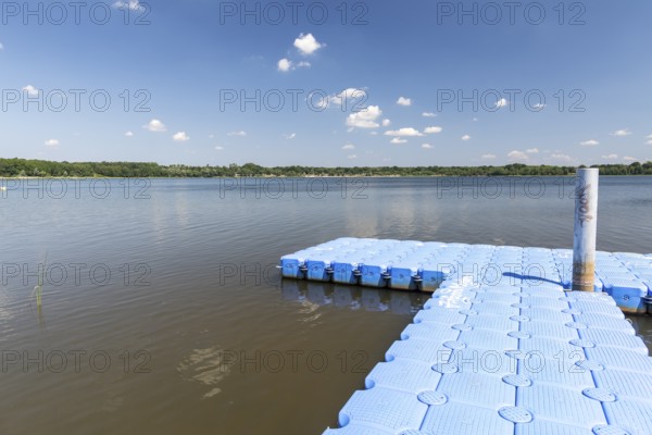 Pontoon jetty at the Dreiweiberner See bathing beach, Lusatian Lakeland, Lohsa, Saxony, Germany, Europe