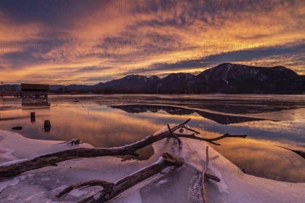 Dawn, mountains reflected in lake, clouds, ice, frozen, winter, Lake Kochel, view of Rabenkopf, Sonnenspitz, Jochberg, Alpine foothills, Bavaria, Germany, Europe