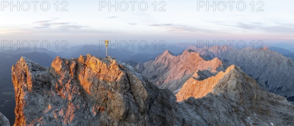 Sunset, aerial view, Zugspitze and summit cross, high mountains, Bavaria, Germany, Europe