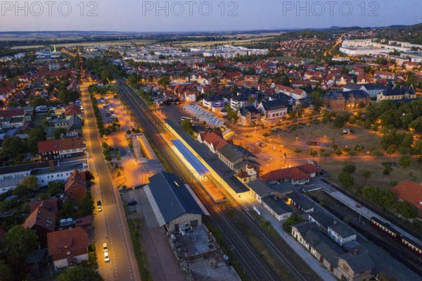 Aerial view of the railway station, in the background the residential areas of Stadtfeld and Burgbreite, Wernigerode, Saxony-Anhalt, Germany, Europe
