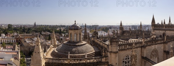 Gothic cathedral with dome in the middle of a historic cityscape, Seville