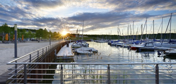 Marina Mücheln am Geiseltalsee, sailing boats at sunset, Mücheln, Saxony-Anhalt, Germany, Europe
