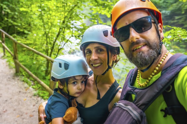 Happy family wearing helmets taking a selfie while visiting vintgar gorge in bled, slovenia