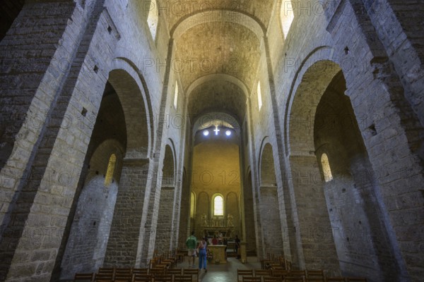 View of the altar in the Abbey of Gellone, also Saint-Guilhem-le-Désert Monastery, Département Hérault, France, Europe