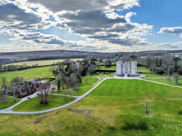 Lulworth Castle from a drone, Lulworth Estate, Camp Bestival, East Lulworth, Dorset, England, United Kingdom, Europe