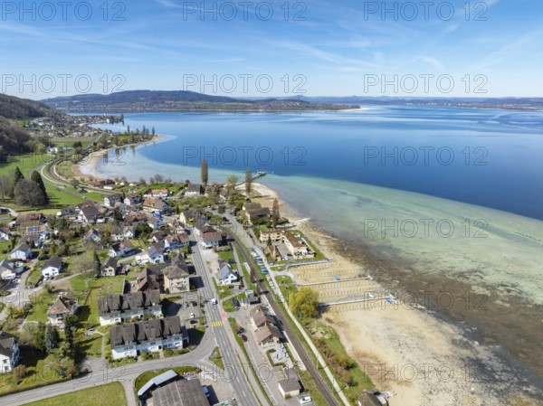 Aerial view of the Lake Constance municipality of Mannenbach-Salenstein on western Lake Constance, with the Höri peninsula on the horizon, Canton Thurgau, Switzerland, Europe