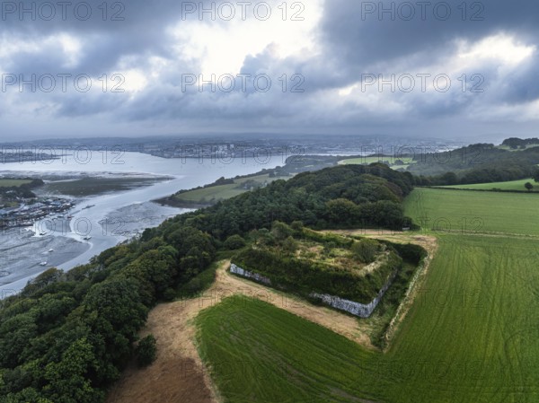 Hawkins Battery Fort over River Tamar from a drone, Cremyll, Plymouth, Devon, England, United Kingdom, Europe