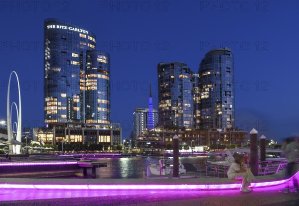 Skyline at Elisabeth Quay, blue hour, blue hour, harbour, Perth, State of Western Australia, Australia, Oceania