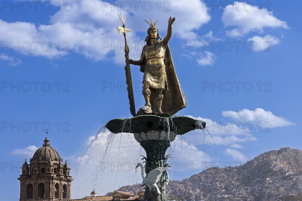 Peru, Cusco, The Statue of Pachacuti on Central Plaza de Armas square in historic city center ., South America