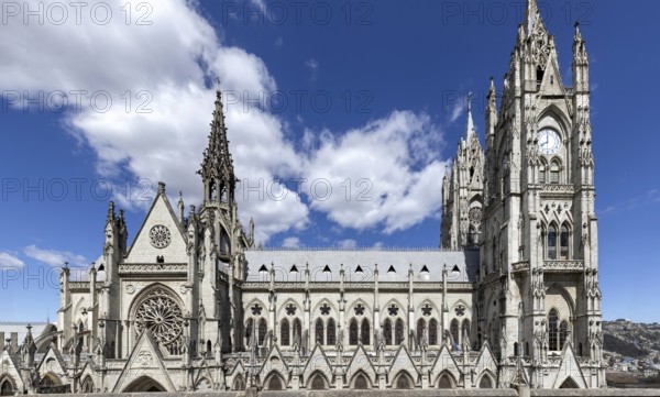 Cathedral Basilica of National Vow in historic center of Quito, Ecuador. Roman catholic church.