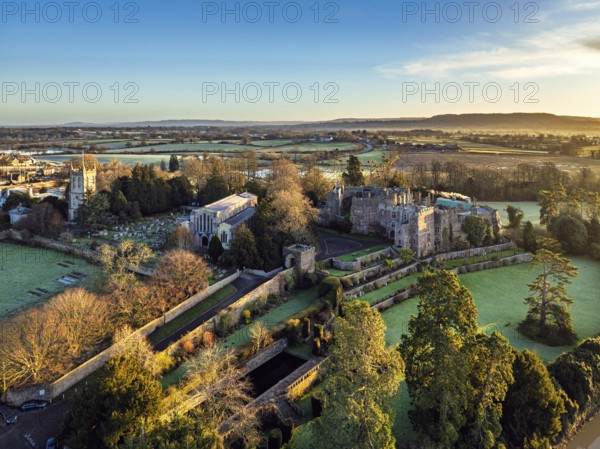 Berkeley Castle from a drone, Berkeley, Cotswolds, Gloucestershire, England, United Kingdom, Europe
