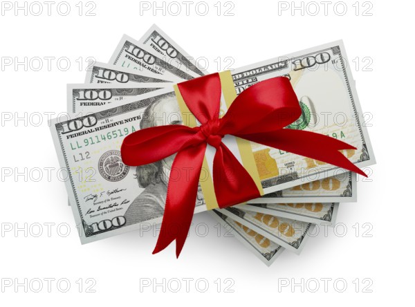 Fifty thousand dollars stack of one hundred dollar bills wrapped in a red bow isolated on a white background