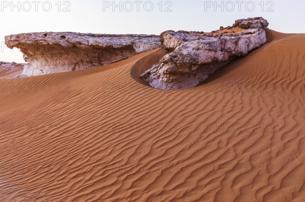 Striking cliffs surrounded by windswept sand structures, Huqf stone desert, Arabian Peninsula, Sultanate of Oman