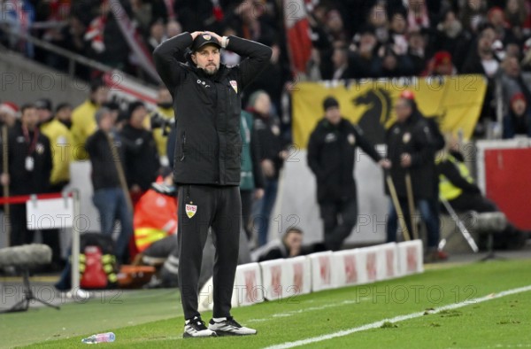 Coach Sebastian Hoeneß VfB Stuttgart on the sidelines Disappointment disappointed after missed goal opportunity Gesture Gesture MHPArena, MHP Arena Stuttgart, Baden-Württemberg, Germany, Europe