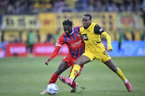Duel, action Jamie Bynoe-Gittens Borussia Dortmund BVB (43) against Omar Haktab Traore 1. FC Heidenheim 1846 FCH (23) Voith-Arena, Heidenheim, Baden-Württemberg, Germany, Europe