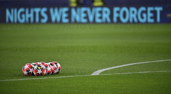 Adidas Football Pro 3rd match balls, lying on grass, behind them perimeter advertising NIGHTS WE NEVER FORGET Champions League, MHPArena, MHP Arena Stuttgart, Baden-Württemberg, Germany, Europe