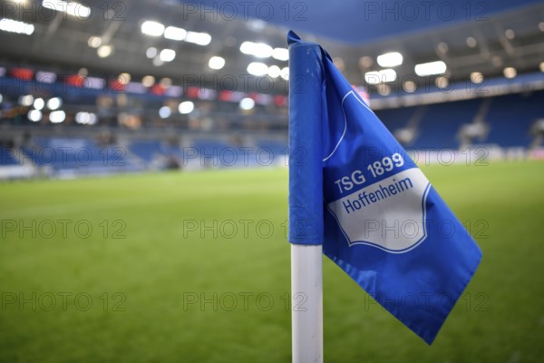 Interior, pitch, corner flag, TSG 1899 Hoffenheim logo, floodlight, blue hour, Europa League, PreZero Arena, Sinsheim, Baden-Württemberg, Germany, Europe