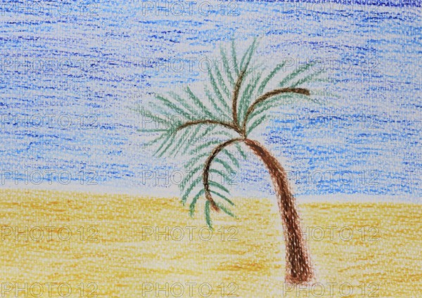 Palm tree on the beach painted with wax crayons, North Rhine-Westphalia, Germany, Europe