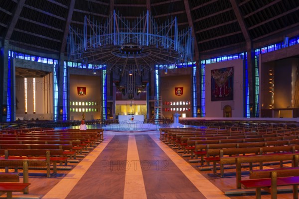 Modern interior of Roman Catholic cathedral church, Metropolitan Cathedral of Christ the King, city of Liverpool, England, UK
