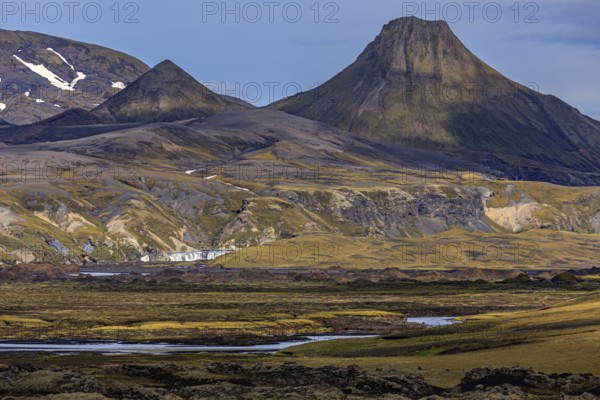 Volcanic landscape, lava, mountainous, river, summer, sunny, cloudy, highland, Laki, Lakagigar, Iceland, Europe
