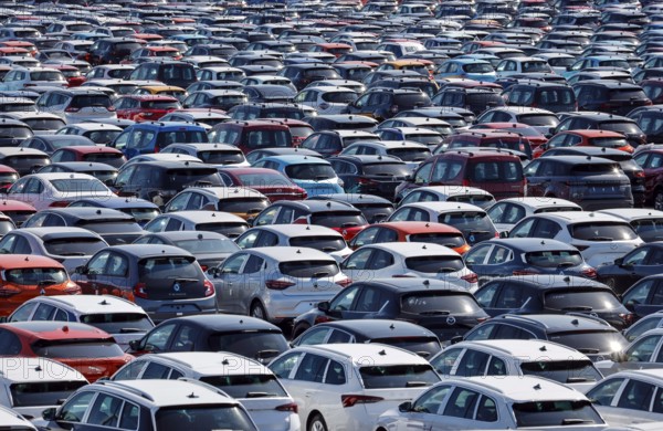 Duisburg, North Rhine-Westphalia, Germany - New cars, transhipment centre, car terminal in Duisburg harbour