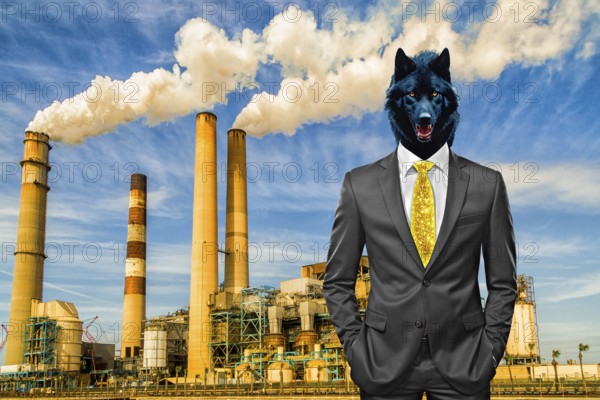 Symbolic image, wolf in a suit, industry, economy critical, exploitation, stress, trade union, pay, pay rise, insolvency, wrong decisions, unemployment, profit, profit slump, share prices, Germany as a business location, global economy, globalisation, environmental protection, factory, sell-off of resources