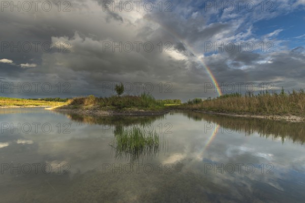 Large double rainbow after a spring storm. Bas-Rhin, Alsace, Grand Est, France, Europe