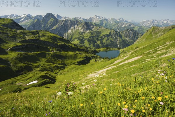 Panorama from Zeigersattel to Seealpsee, on the left behind the Höfats 2259m, Allgäu Alps, Allgäu, Bavaria, Germany, Europe