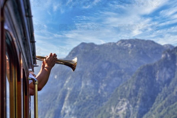 Trumpet for echo, echo wall at Königssee, Berchtesgaden National Park, Berchtesgadener Land, Upper Bavaria, Bavaria, Germany, Europe