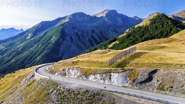 Route des Grandes Alpes, aerial view of road and mountains at pass Col de Vars, Départements Hautes-Alpes and Alpes-de-Haute-Provence, Alps, France, Europe