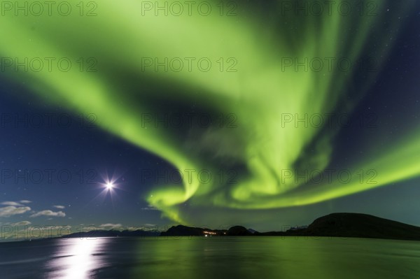 Northern Lights, (Aurora borealis) at a fjord near Skjiervoya, September 2024, Lapland, Finnmark, Norway, Europe