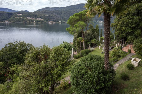View from the Belvedere of Scherrer Park onto Lake Lugano, Lago di Lugano, Morcote, Canton Ticino, Switzerland, Europe