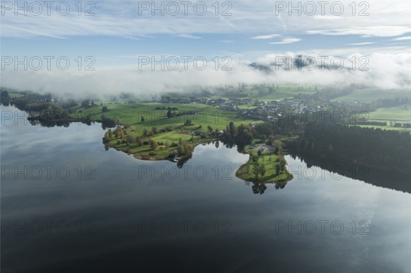 Sports facility and bathing area, lake Rottachsee, village Petersthal, mountains covered with fog, autumn, aerial view, Allgaeu, Bavaria, Germany, Europe