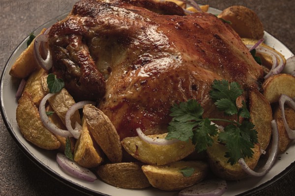 Fried, baked chicken, in the oven, with spices, and rustic potatoes, top view, homemade