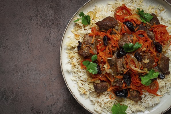 Kabuli pulao, pilaf, the national dish of Afghanistan, rice with meat, homemade, no people