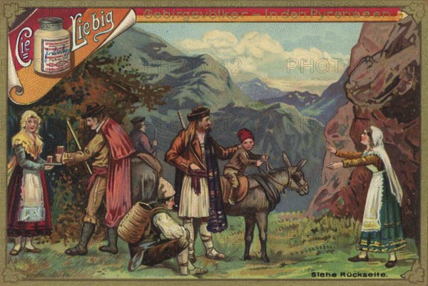 Picture series Mountain peoples, in the Pyrenees, France and Spain, Liebig picture, digitally restored reproduction of a collector's picture from around 1900, public domain, exact date unknown, family in traditional dress with donkey in a mountain landscape