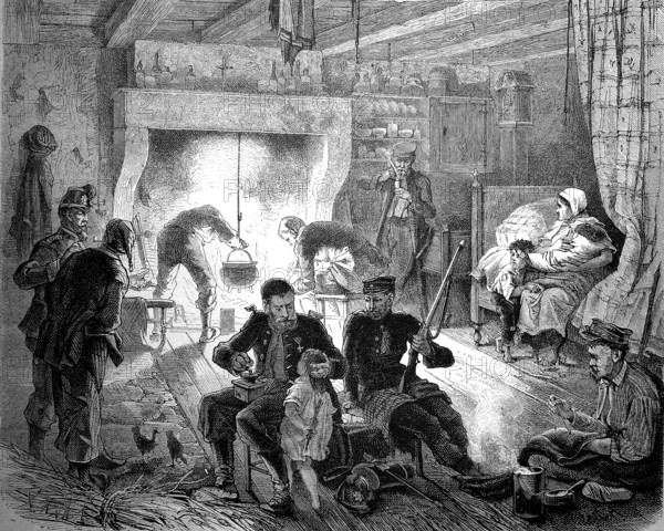 Foray of a field painter at Quartier No. 4 near Metz in France, home of a farmer, illustration from 1872, historical, digital reproduction of an original from the 19th century