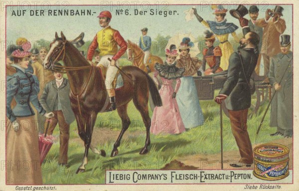 Picture series At the racecourse, The winner, Liebig picture, digitally restored reproduction of a collector's picture from around 1900, public domain, exact date unknown, A victorious jockey rides his horse to the applause of a celebrating crowd