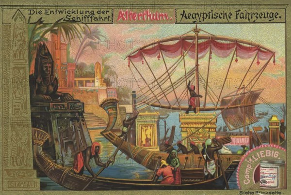 Picture series The development of navigation, Egyptian ships, Liebig picture, digitally restored reproduction of a collector's picture from ca 1900, public domain, exact date unknown, antique Egyptian ships and figures at a river in a decorative frame