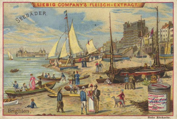 Picture series famous seaside resorts, Brighton in England, Liebig picture, digitally restored reproduction of a collector's picture from around 1900, public domain, exact date unknown, beach scene in Brighton with sailing boats and a lively beach promenade, depicted in nostalgic advertising
