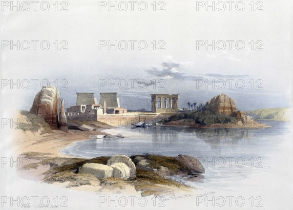 Philae Island in the Nile, Nubia, Philae, formerly also Bilaq, Pilak or Pelak was an island flooded by the reservoir of the old Aswan Dam in the Egyptian Nile Valley, Egypt, around 1850, Historical, digitally restored reproduction from a 19th century original, exact date unknown, Africa