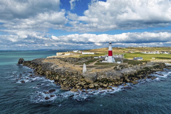 Portland Bill Lighthouse from a drone, Portland Bill, Isle of Portland, Dorset, England, United Kingdom, Europe