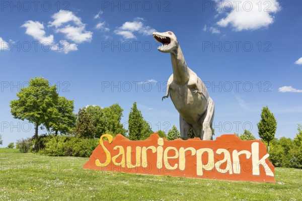 Figure of a dinosaur at the entrance to the amusement park, Saurierpark Kleinwelka, Bautzen, Saxony, Germany, Europe