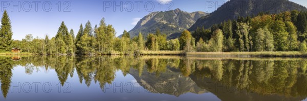 Rubihorn, 1957m, Gaisalphorn, 1953m, and Schattenberg, 1845m, water reflection in the moor pond, autumn, near Oberstdorf, Oberallgäu, Allgäu, Bavaria, Germany, Europe