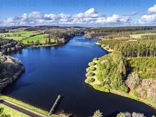 Farms and Forest over Kennick Reservoir from a drone, South West Lakes Trust, Dartmoor National Park, Devon, England, United Kingdom, Europe