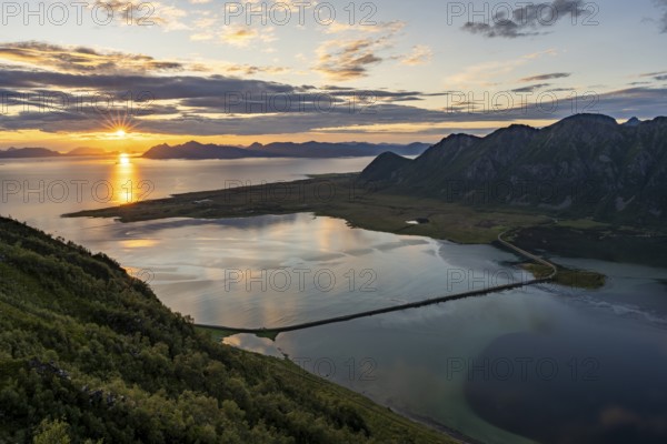 Fjord and mountains of the island Austvågøya, Grunnførfjorden, Lofoten, Norway, Europe